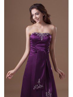 Satin Strapless Floor Length A-line Embroidered Prom Dress