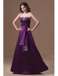 Satin Strapless Floor Length A-line Embroidered Prom Dress