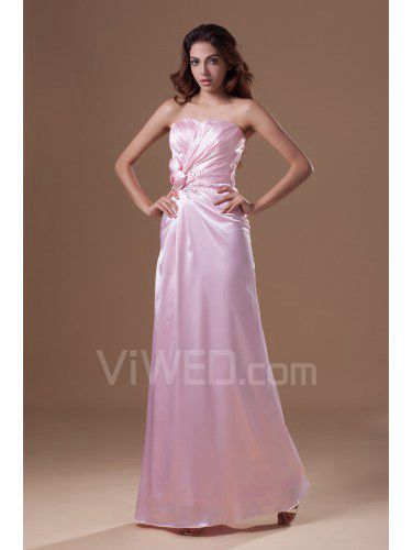 Silk Strapless Floor Length A-line Hand-made Flowers Prom Dress