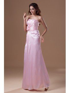 Silk Strapless Floor Length A-line Hand-made Flowers Prom Dress