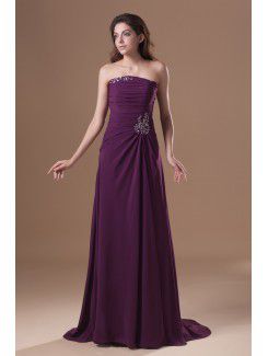 Chiffon Strapless Sweep Train Column Embroidered Prom Dress