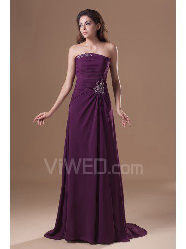 Chiffon Strapless Sweep Train Column Embroidered Prom Dress