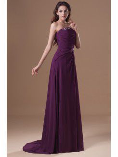 Chiffon Strapless Sweep Train Column Embroidered Prom Dress