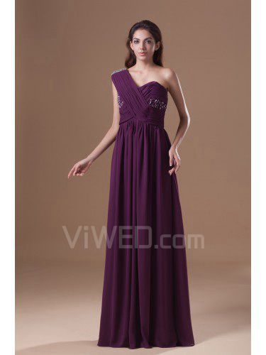 Chiffon One-Shoulder Floor Length Column Embroidered Prom Dress