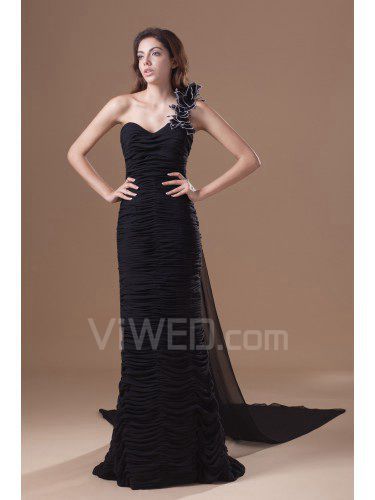 Chiffon one-shoulder katedralen tog skjede retningsbores ruched festkjoler