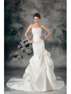 Satin Strapless Chapel Train Sheath Hand-made Flower Wedding Dress