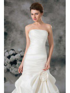 Satin Strapless Chapel Train Sheath Hand-made Flower Wedding Dress