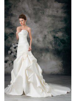 Satin Strapless Chapel Train Sheath Hand-made Flower Wedding Dress