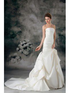 Satin Strapless Chapel Train Sheath Hand-made Flower Wedding Dress