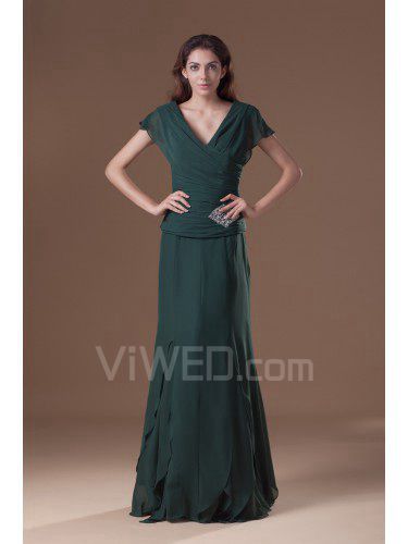 Chiffon V-Neck Floor Length Column Cap Sleeve Prom Dress