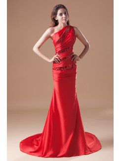 Satin Asymmetrical Sweep Train Sheath Embroidered Prom Dress