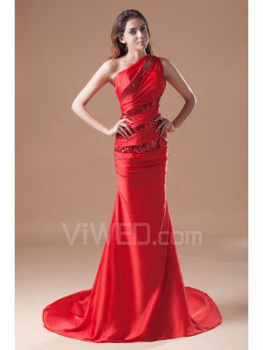 Satin Asymmetrical Sweep Train Sheath Embroidered Prom Dress