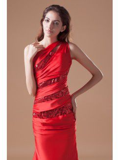 Satin Asymmetrical Sweep Train Sheath Embroidered Prom Dress