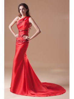 Satin Asymmetrical Sweep Train Sheath Embroidered Prom Dress