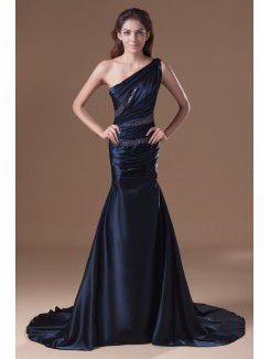 Satin Asymmetrical Sweep Train Sheath Embroidered Prom Dress