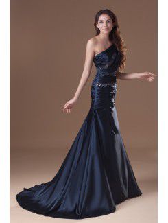 Satin Asymmetrical Sweep Train Sheath Embroidered Prom Dress