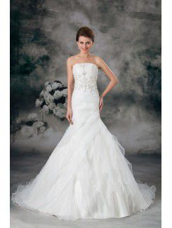 Organza bretelles balayage train gaine robe de mariée brodée