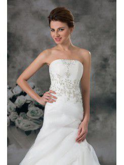 Organza Strapless Sweep Train Sheath Embroidered Wedding Dress