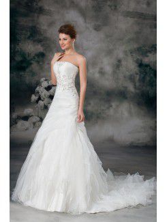 Organza Strapless Sweep Train Sheath Embroidered Wedding Dress