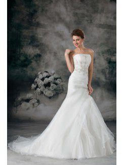 Organza Strapless Sweep Train Sheath Embroidered Wedding Dress