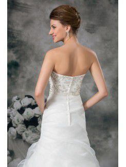 Organza Strapless Sweep Train Sheath Embroidered Wedding Dress