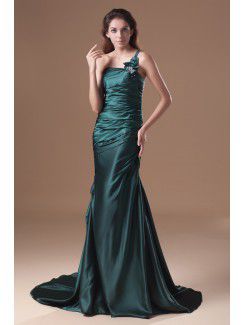 Satin One-Shoulder Sweep Train Sheath Embroidered Prom Dress