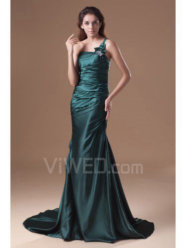 Satin One-Shoulder Sweep Train Sheath Embroidered Prom Dress