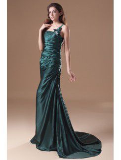 Satin One-Shoulder Sweep Train Sheath Embroidered Prom Dress