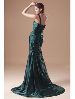 Satin One-Shoulder Sweep Train Sheath Embroidered Prom Dress