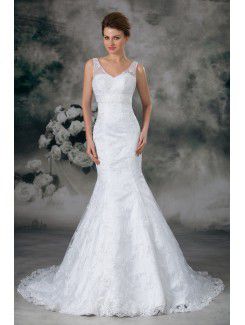 Lace V-Neck Sweep Train Sheath Wedding Dress