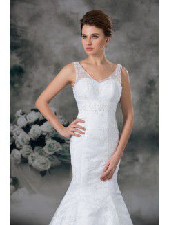 Lace V-Neck Sweep Train Sheath Wedding Dress