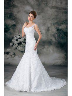 Lace V-Neck Sweep Train Sheath Wedding Dress