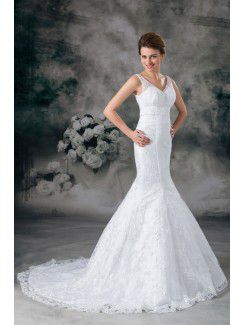 Lace V-Neck Sweep Train Sheath Wedding Dress