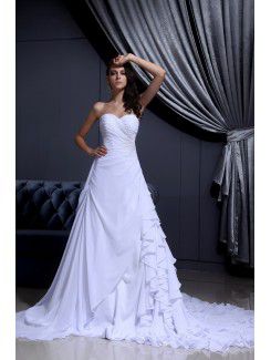 Chiffon Satin Sweetheart Chapel Train A-line Wedding Dress with Ruffle Beading