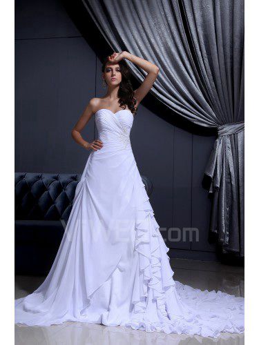 Chiffon di raso sweetheart cappella treno a-line abito da sposa con perline volant