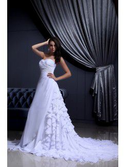 Chiffon Satin Sweetheart Chapel Train A-line Wedding Dress with Ruffle Beading