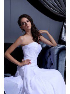 Chiffon Satin Sweetheart Chapel Train A-line Wedding Dress with Ruffle Beading