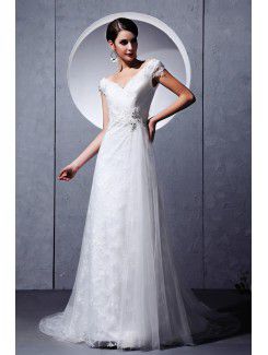 Tulle Lace V-Neckline Chapel Train A-Line Wedding Dress with Embroidered