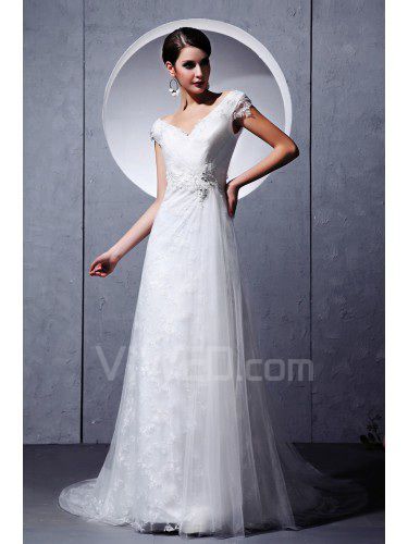 Tulle Lace V-Neckline Chapel Train A-Line Wedding Dress with Embroidered