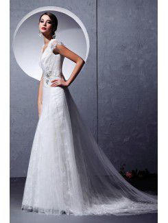 Tulle Lace V-Neckline Chapel Train A-Line Wedding Dress with Embroidered