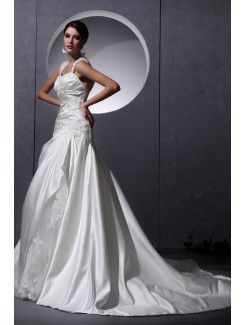 Tulle Satin Straps Chapel Train A-Line Wedding Dress with Beading and Ruffle