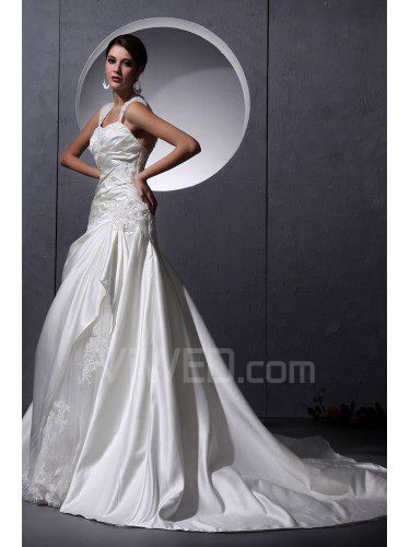 Tulle Satin Straps Chapel Train A-Line Wedding Dress with Beading and Ruffle