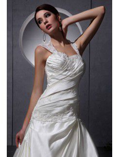 Tulle Satin Straps Chapel Train A-Line Wedding Dress with Beading and Ruffle