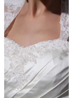 Tulle Satin Straps Chapel Train A-Line Wedding Dress with Beading and Ruffle