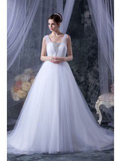 Tulle Square Chapel Train A-Line Wedding Dress with Sequins