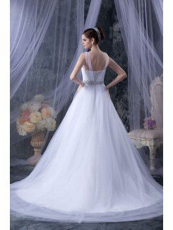 Tulle Square Chapel Train A-Line Wedding Dress with Sequins