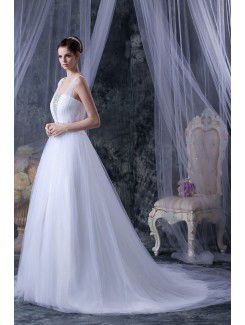 Tulle Square Chapel Train A-Line Wedding Dress with Sequins