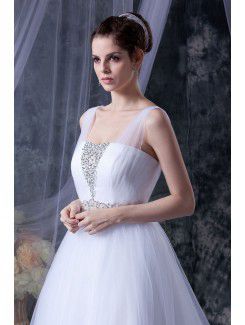 Tulle Square Chapel Train A-Line Wedding Dress with Sequins