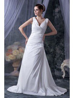 Satin V-Neckline Court Train A-Line Wedding Dress with Ruffle