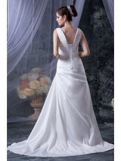 Satin V-Neckline Court Train A-Line Wedding Dress with Ruffle